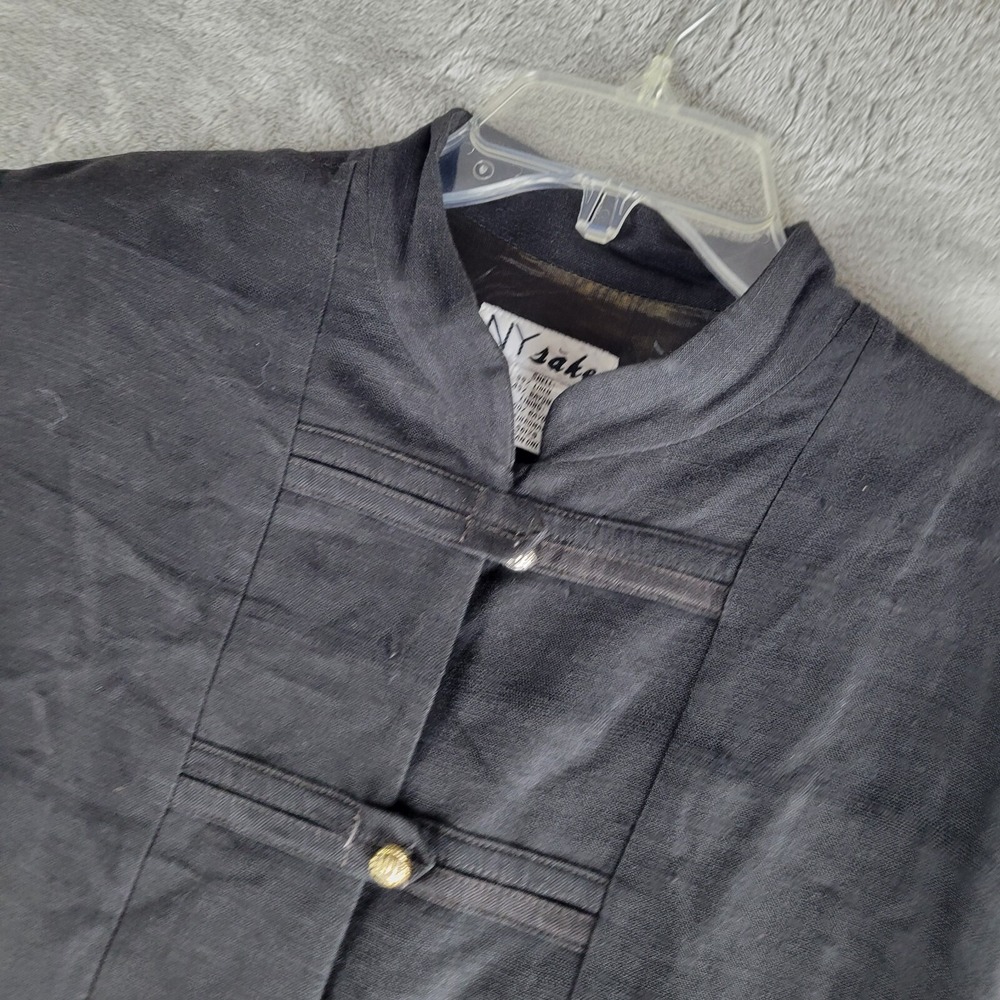 Vintage NY Sake Midi Dress Womens 8 Black Linen Blend Button Front Short Sleeve